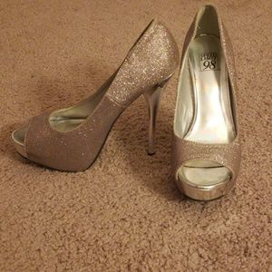 Open toe silver glitter heels